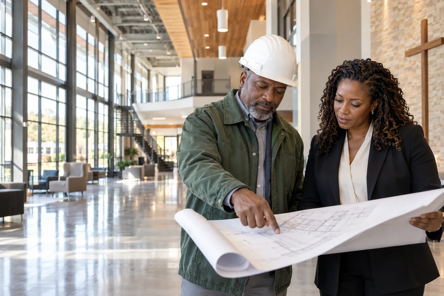 Illustration of construction and facility professionals reviewing building plans
