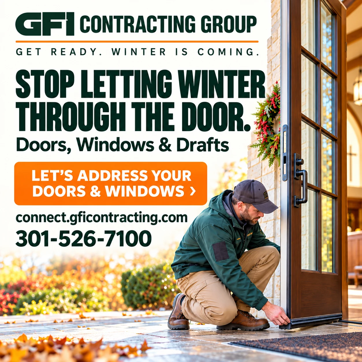 GFI doors and windows graphic: Stop letting winter through the door.