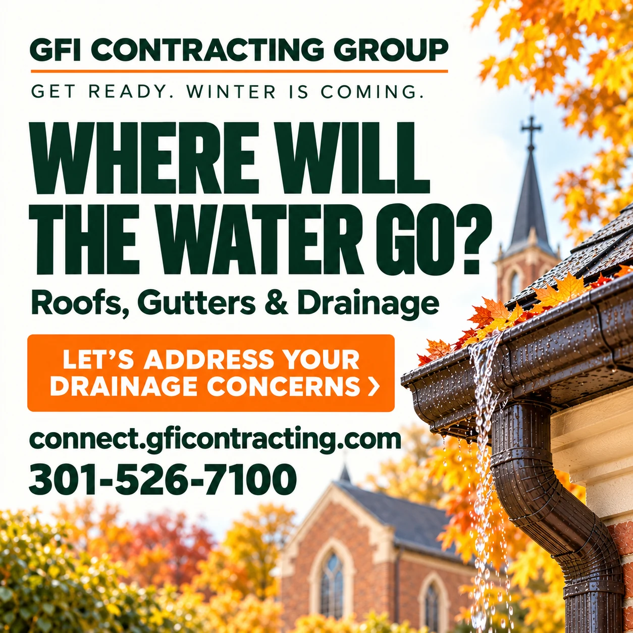 GFI roofs, gutters and drainage graphic: Where will the water go?